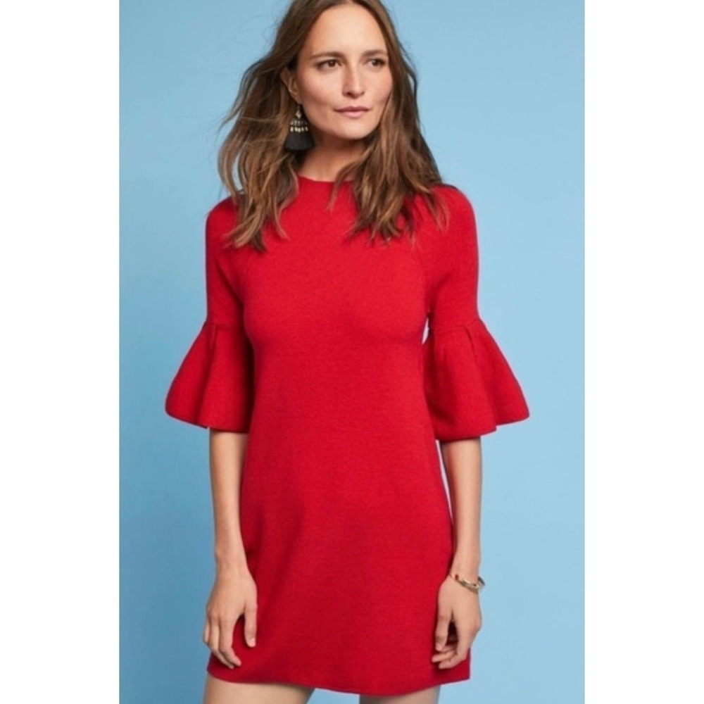 Moth Anthropologie Sweater Dress Womens Medium Red Chester Bell Sleeve Mock Neck